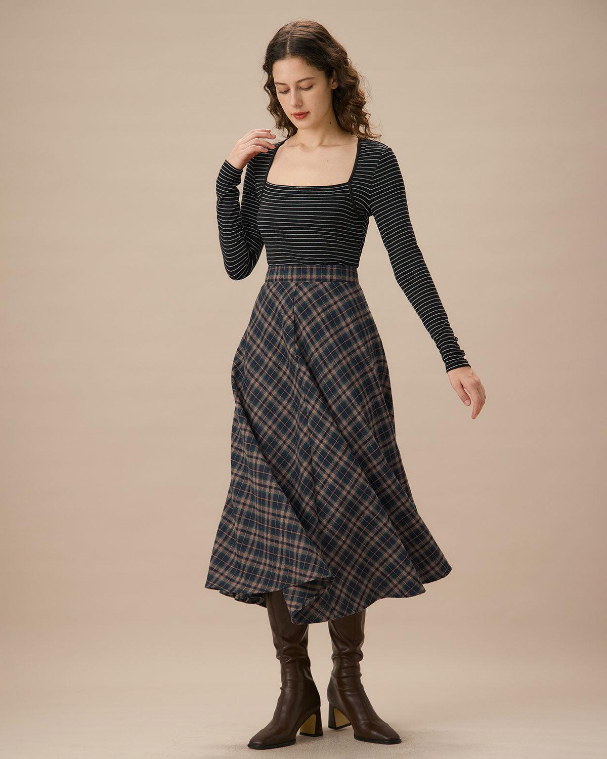 Navy Plaid Flared Midi Skirt Product Image