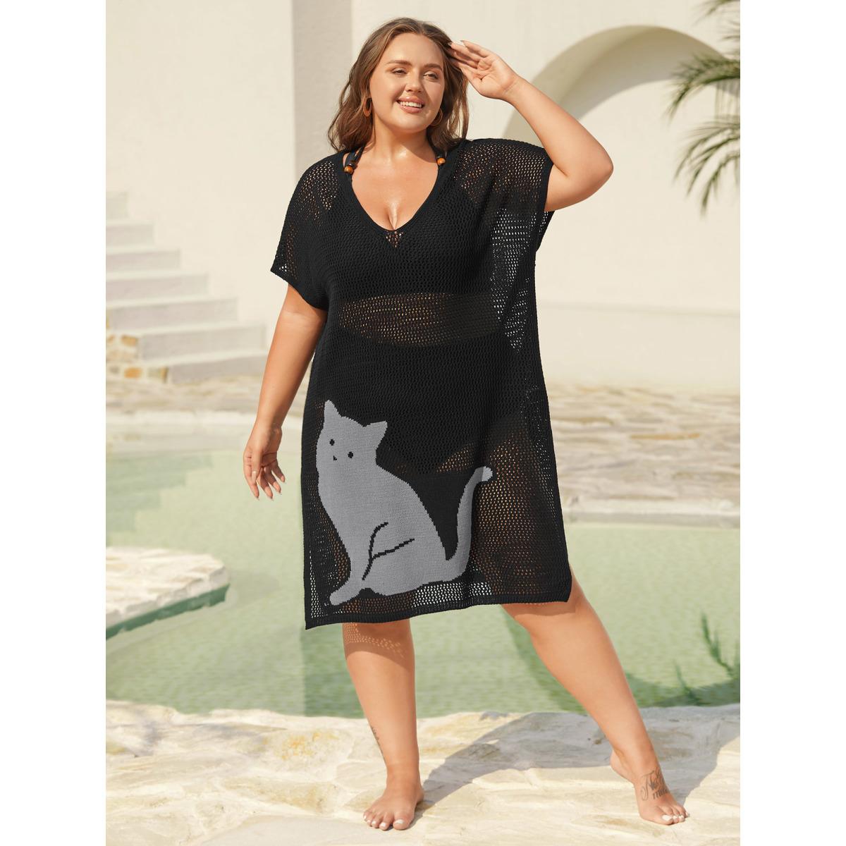 Plus Size Cut-Out Sheer Cat Pattern Swim Cover-Up Women's Swimwear Black Beach Loose Contrast Curve Swim Cover Ups BloomChic 14-16/1X Product Image