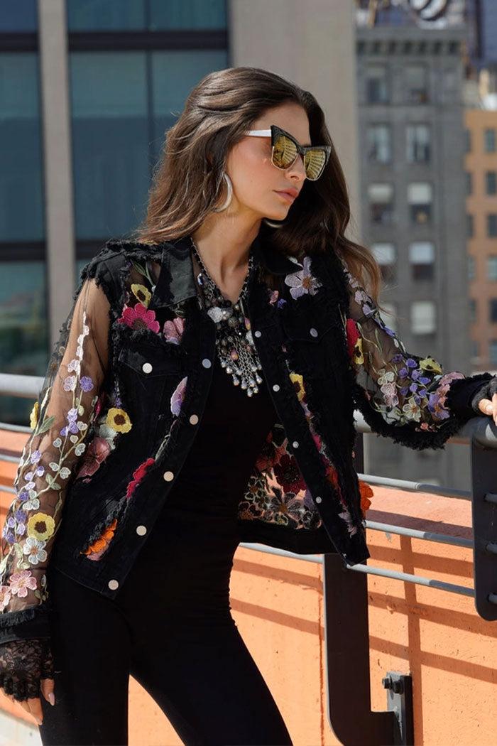 Denim Lace Jacket with Floral Embroidery Product Image