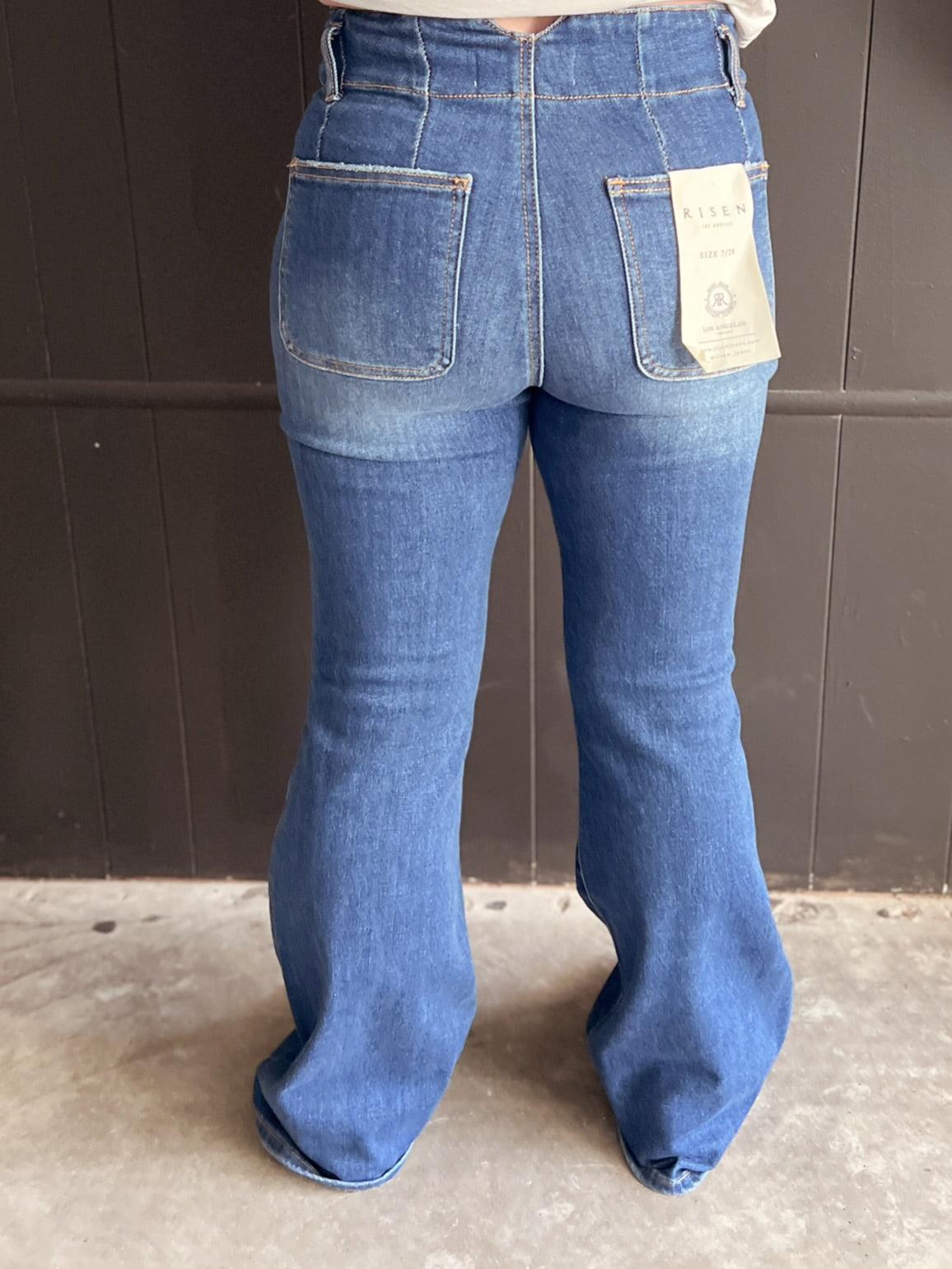 Risen Vintage Style High Rise Double Button Flare Jeans Product Image