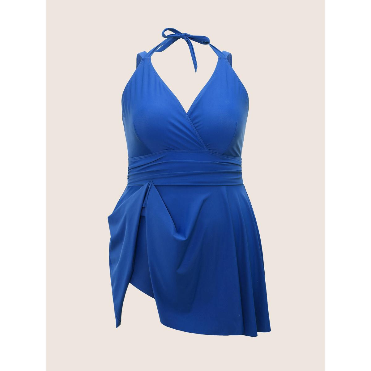 Plus Size Solid Ruffle Hem Empire Waist Halter Neck Swim Dress Women's Swimwear RedViolet Resort Bodycon Halter neck High stretch Curve Swim Dresses BloomChic 12/L Product Image