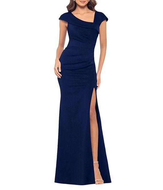Xscape Asymmetrical Neckline Cap Sleeve Ruched Scuba Crepe Sheath Gown Product Image