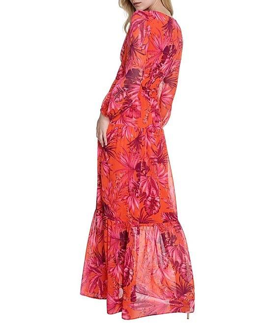 Eliza J Metallic Chiffon Tropical Print V-Neck Long Sleeve Tiered A-Line Maxi Dress Product Image