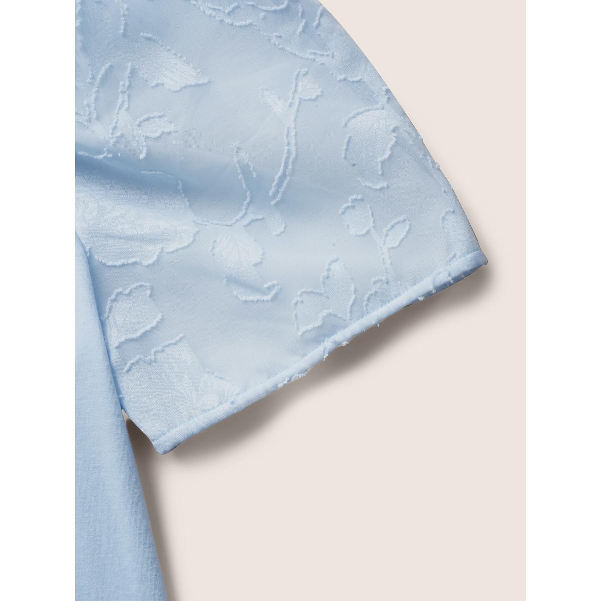 Plus Size U Neck Chiffon Patchwork Bishop Sleeve T-shirt LightBlue Women Elegant Gathered U-neck Everyday T-shirts BloomChic 22-24/3X Product Image