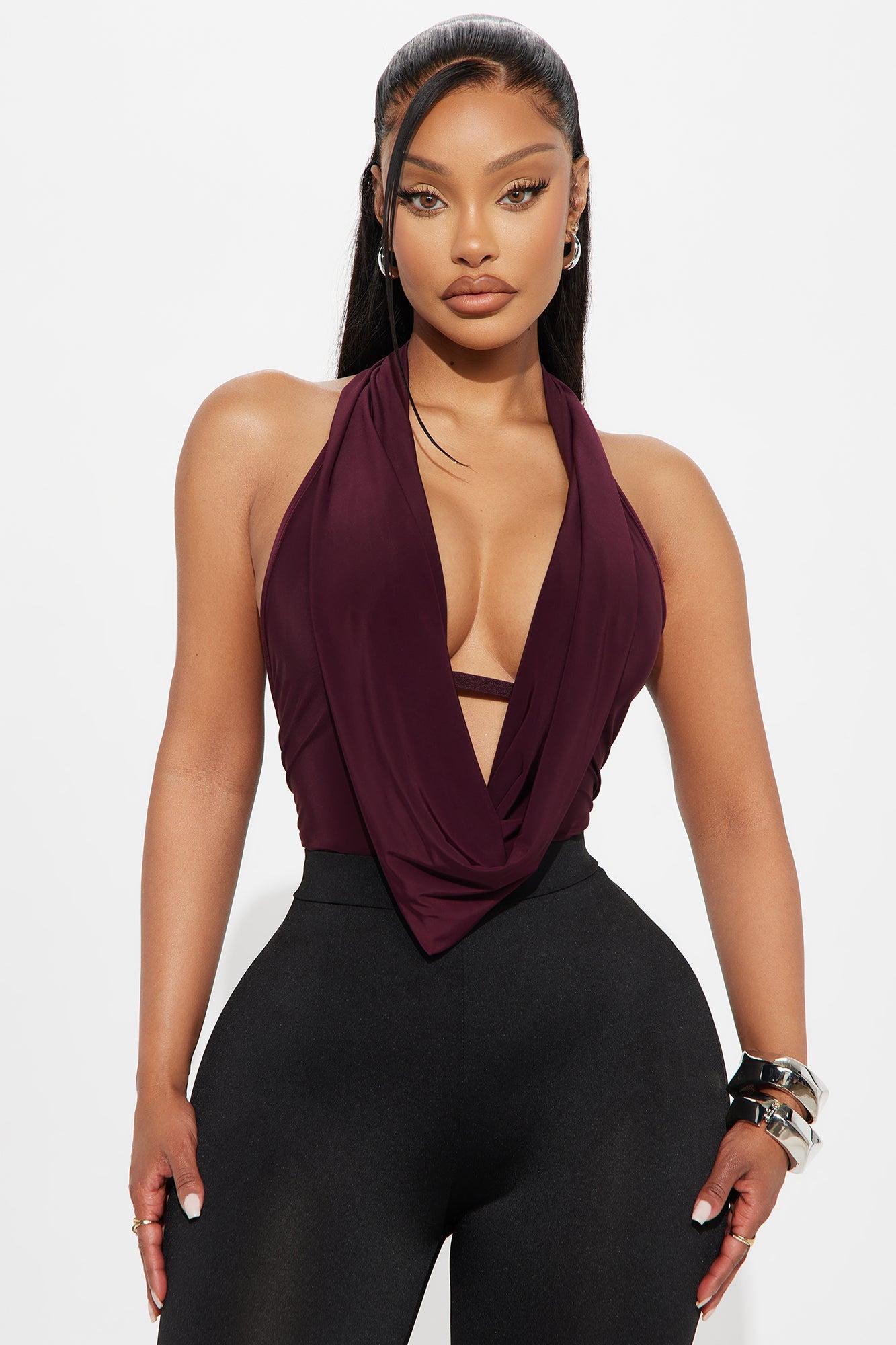 Forever Hot Cowl Neck Halter Bodysuit - Burgundy Product Image