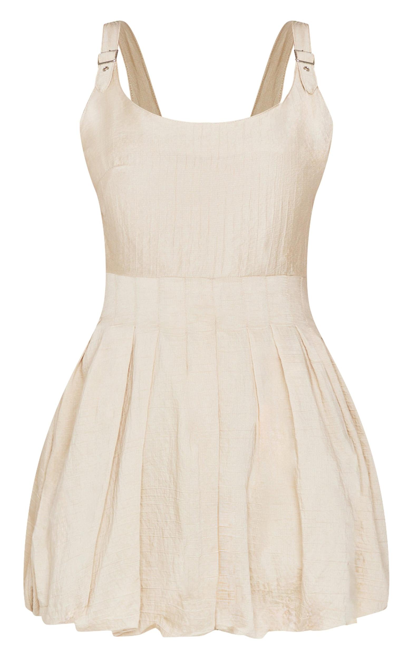 Cream Textured Buckle Strap Puffball Dress Product Image
