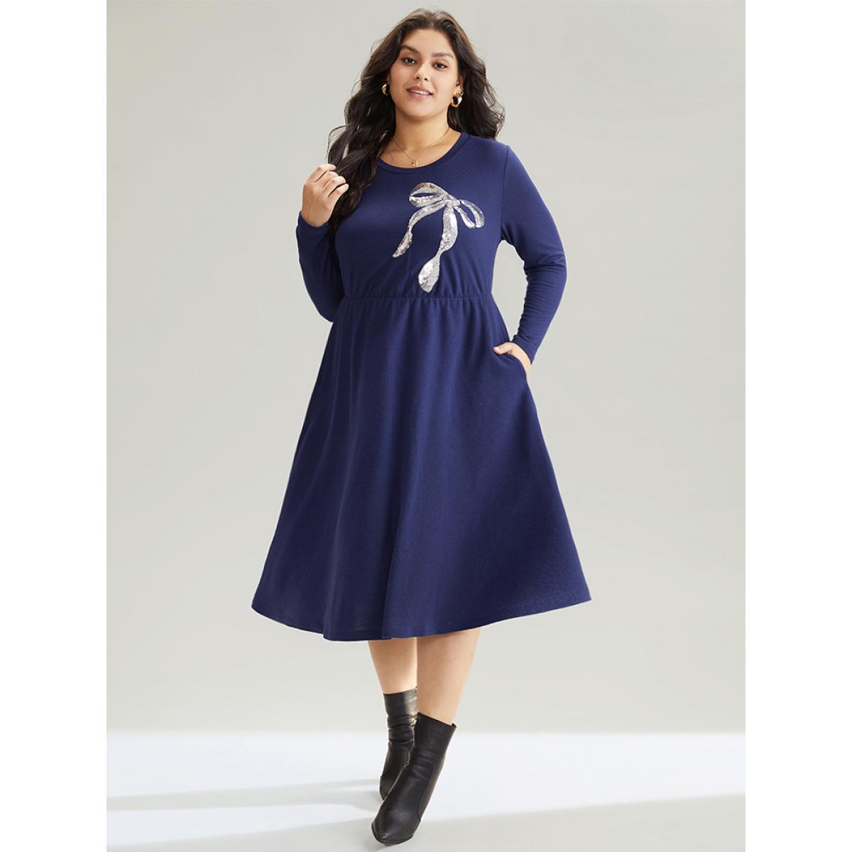 Plus Size Bowknot Sequin Pocket Crew Neck Dress DarkBlue Women Elegant Sequin Round Neck Long Sleeve Curvy Midi Dress BloomChic 18-20/2X Product Image