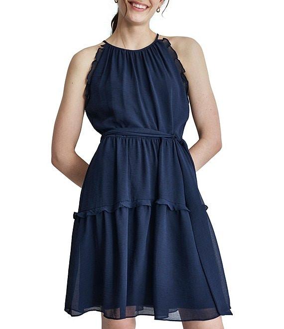 DKNY by Donna Karan Halter Neck Sleeveless Ruffle Tie Belt Mini Dress Product Image