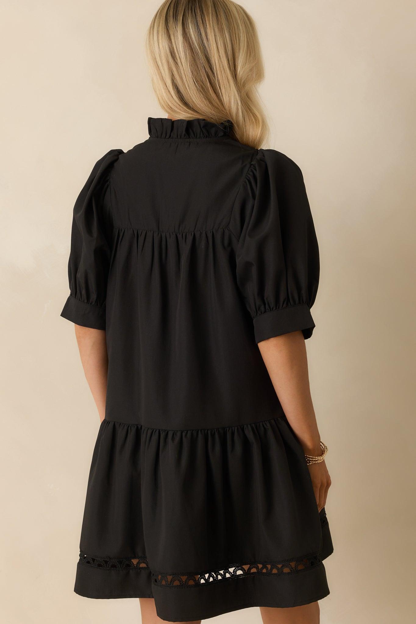 Feels Just Right Black Puff Sleeve Embroidered Eyelet Mini Dress L / Black Product Image