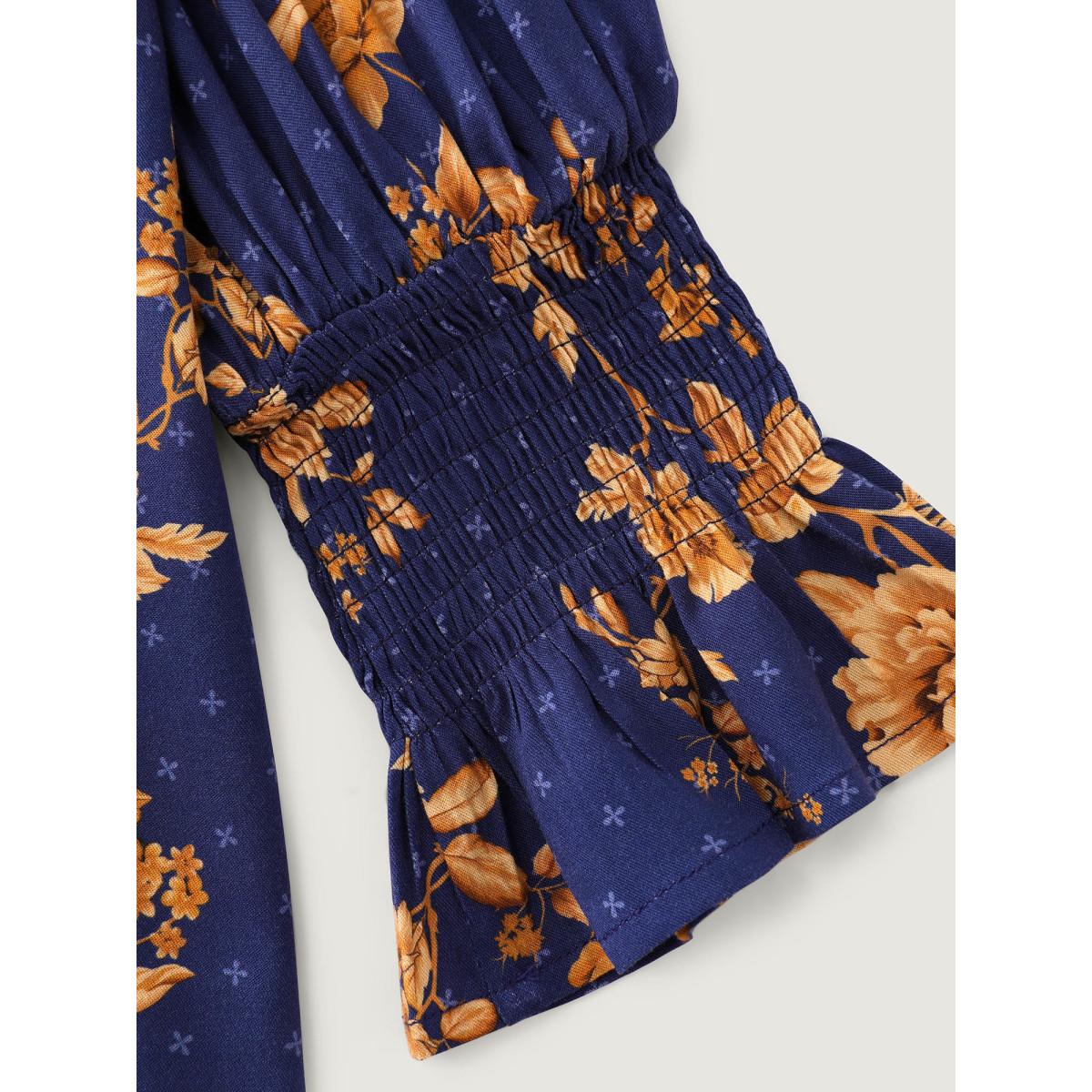 Plus Size Indigo Floral Layered Ruffled Neckline Blouse Women Romantic Long Sleeve Stand-up collar Elegant Blouses BloomChic 22-24/3X Product Image