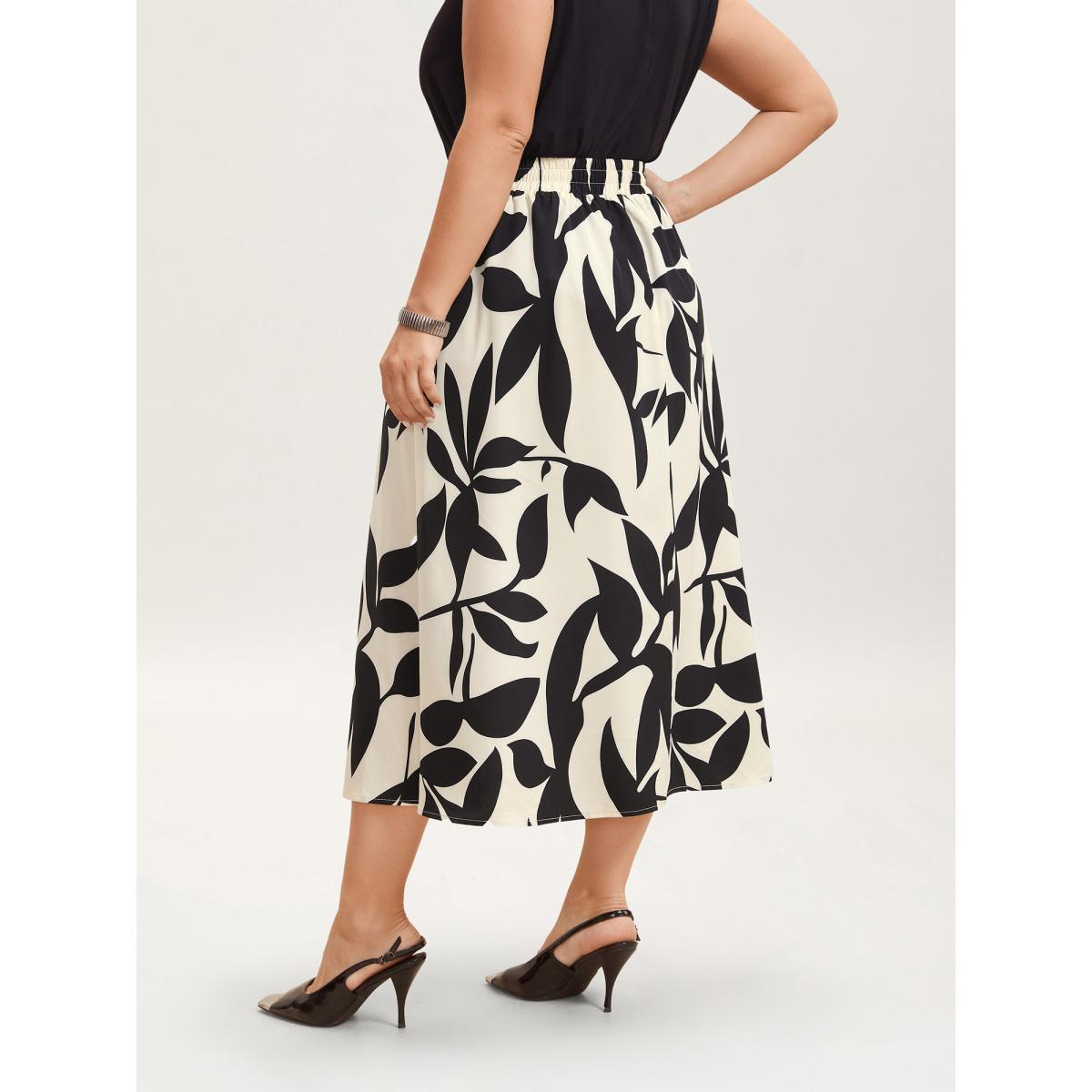 Plus Size Leaf Print Stretchy-Waist Midi Skirt Women Apricot Elegant Contrast Loose No stretch Slanted pocket Everyday Skirts BloomChic 18-20/2X Product Image