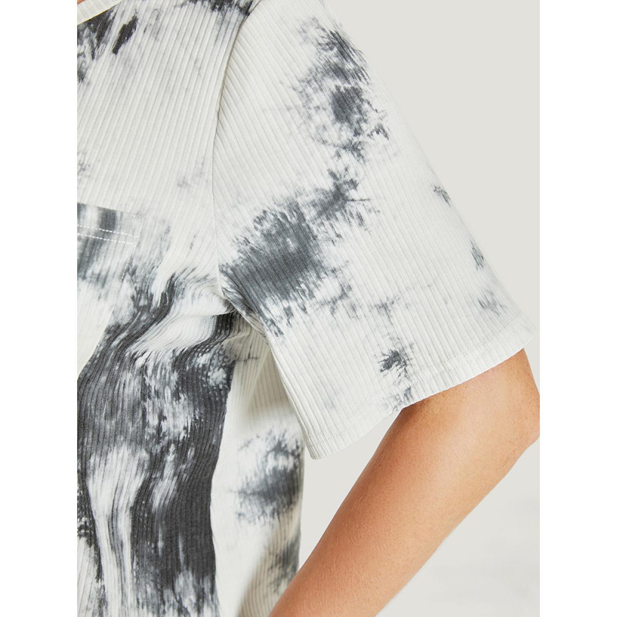 Plus Size Tie Dye Pocket Rib Knit T-shirt Gray Women Casual Tie Dye Round Neck Dailywear T-shirts BloomChic 18-20/2X Product Image