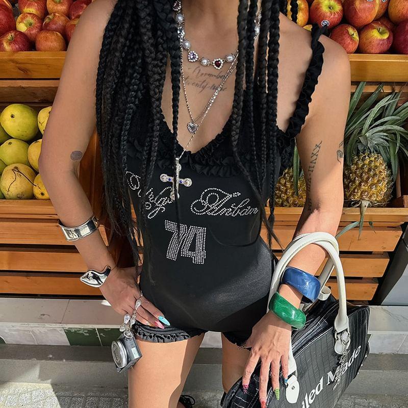 Spaghetti Strap V-Neck Rhinestone Ruffled-Trim Romper Product Image