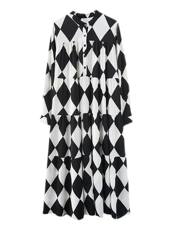 A-Line Long Sleeves Buttoned Plaid Polo Midi Dresses Product Image