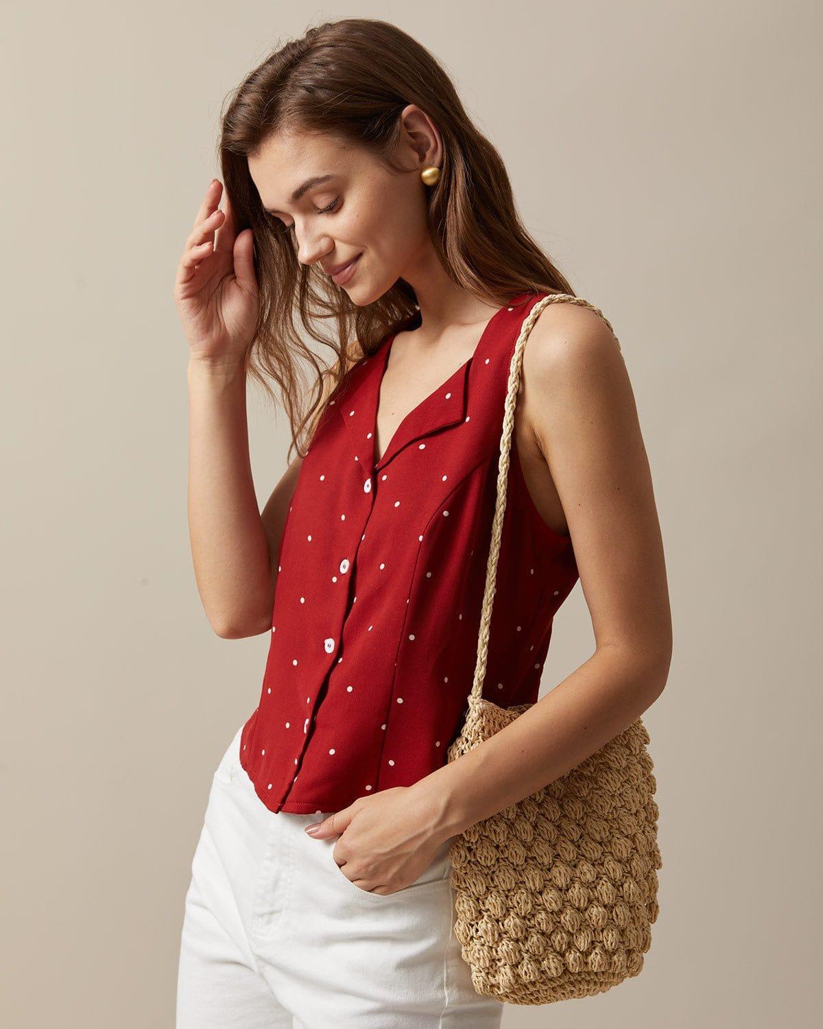 The Red V Neck Polka Dot Print Sleeveless Vest Product Image