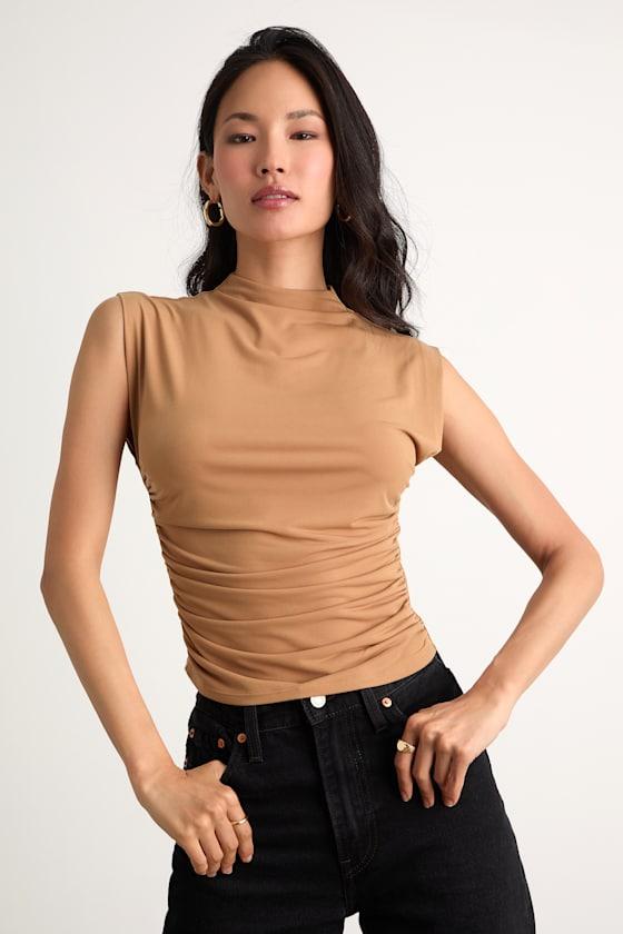 Avaina Tan Slinky Knit Ruched Mock Neck Sleeveless Top Product Image