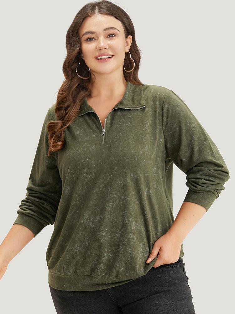 Lapel Collar Zipper Elastic Hem Sweatshirt Female Product Image