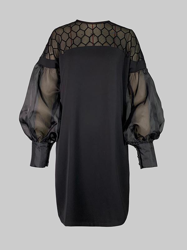 Long Sleeves Loose Hollow Solid Color Split-Joint Round-Neck Mini Dresses Product Image