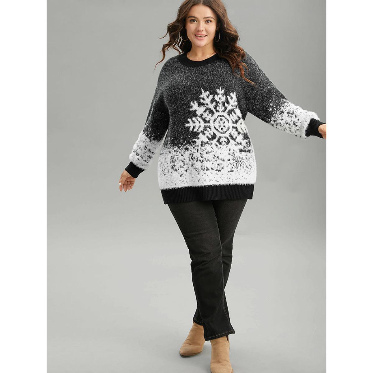 Plus Size Fuzzy Snowflake Elastic Cuffs Pullover Black Women Casual Loose Long Sleeve Round Neck Festival-Halloween Pullovers BloomChic 26/4X Product Image