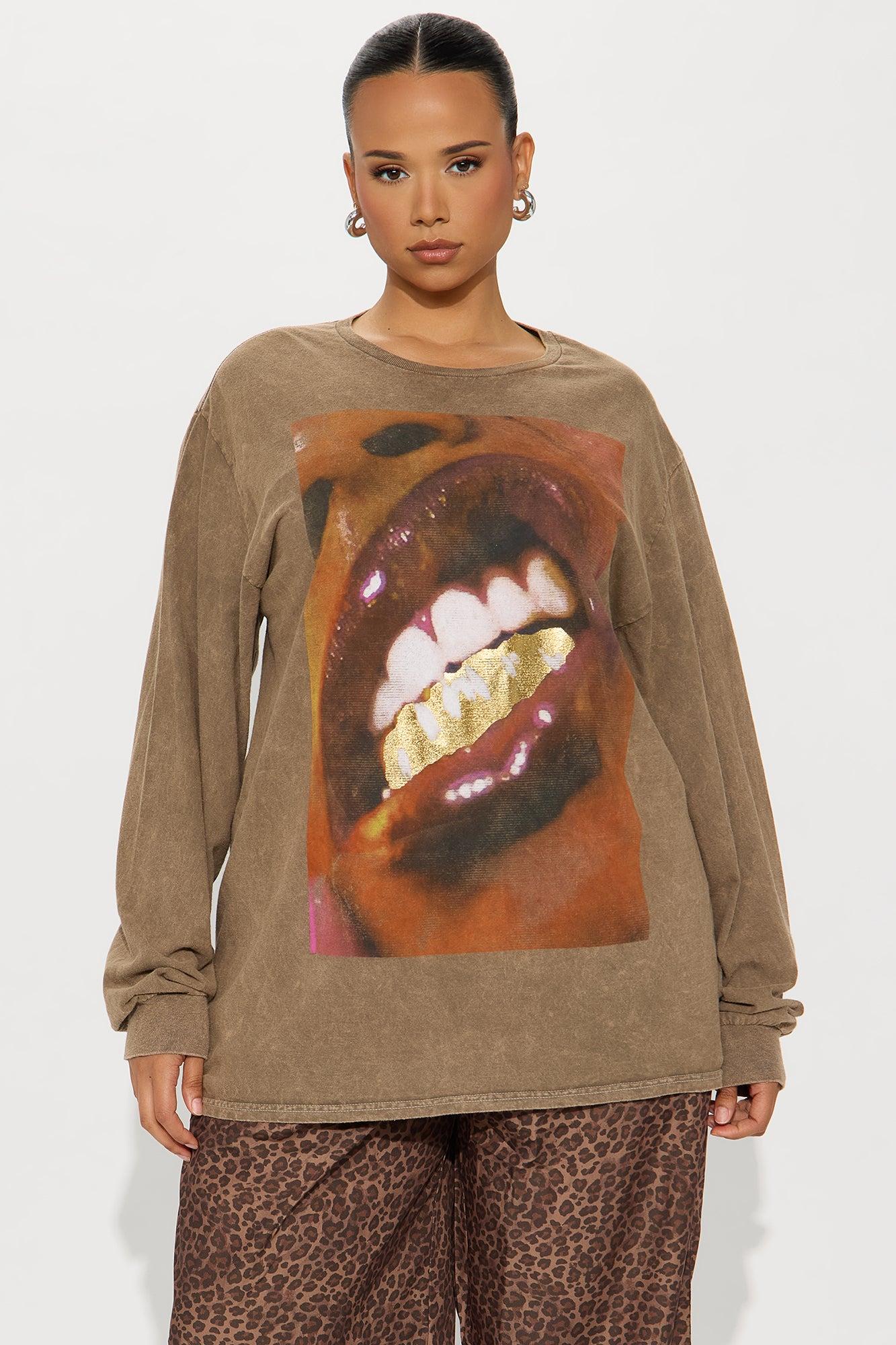 Grillz Long Sleeve Washed Tee - Brown Female Product Image