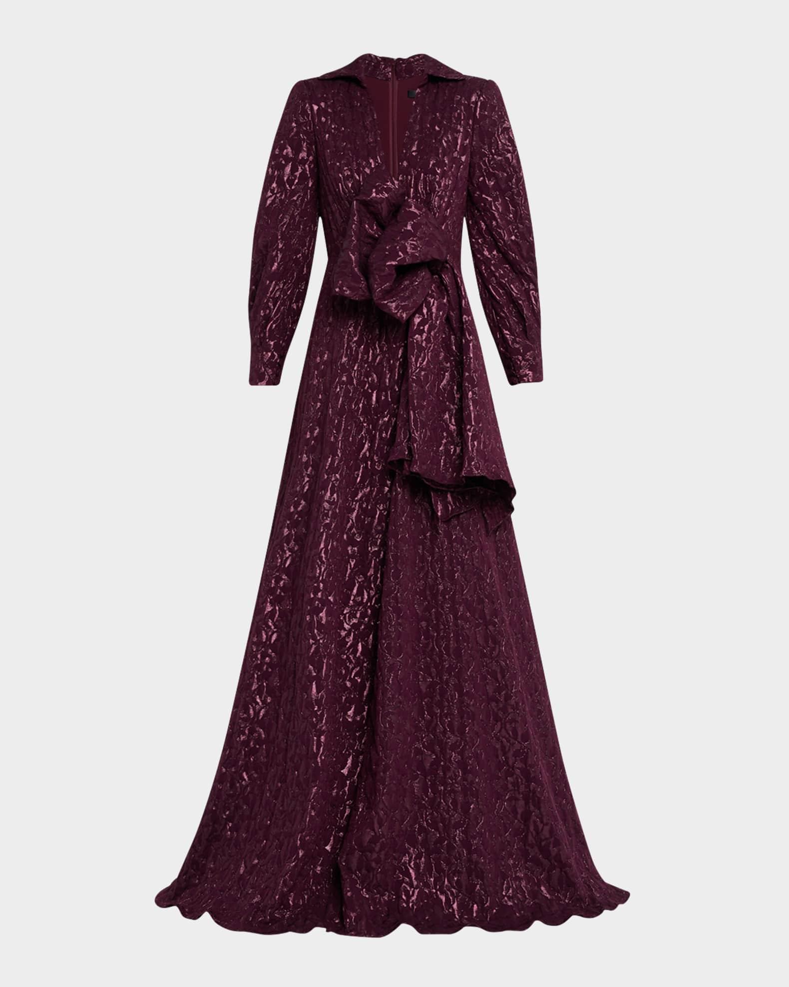 Deep V-Neck Metallic Jacquard Bow Gown Product Image