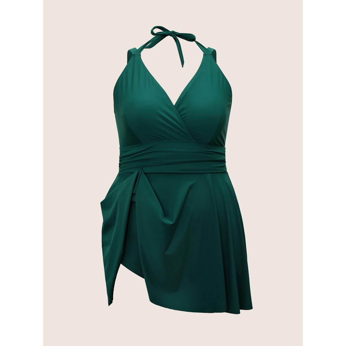 Plus Size Solid Ruffle Hem Empire Waist Halter Neck Swim Dress Women's Swimwear DarkGreen Resort Bodycon Halter neck High stretch Curve Swim Dresses BloomChic 22-24/3X Product Image