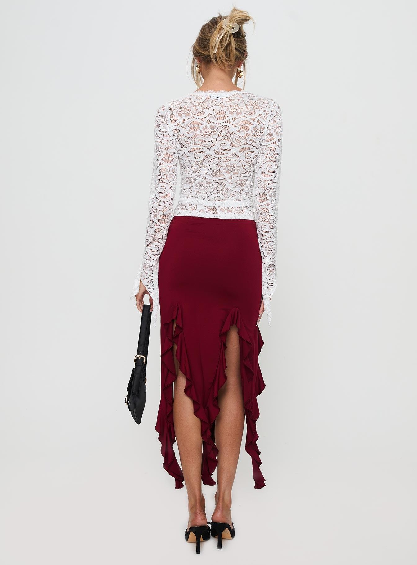 Peachey Asymmetric Ruffle Midi Skirt Burgundy Product Image