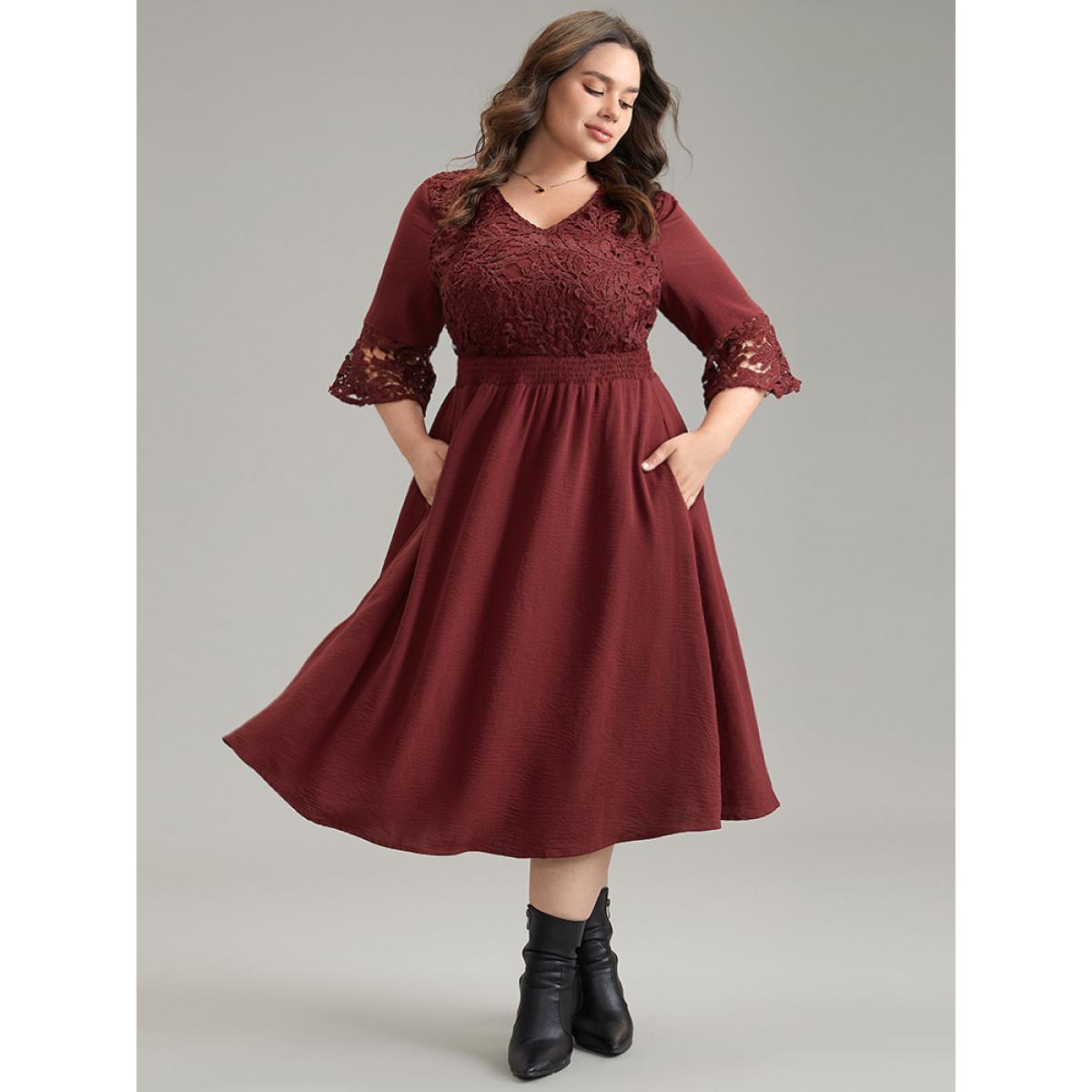 Plus Size Geometric Shirred Lace Patchwork Bell Sleeve Dress Scarlet Women Elegant Plain V-neck Elbow-length sleeve Curvy Midi Dress BloomChic 14-16/1X Product Image
