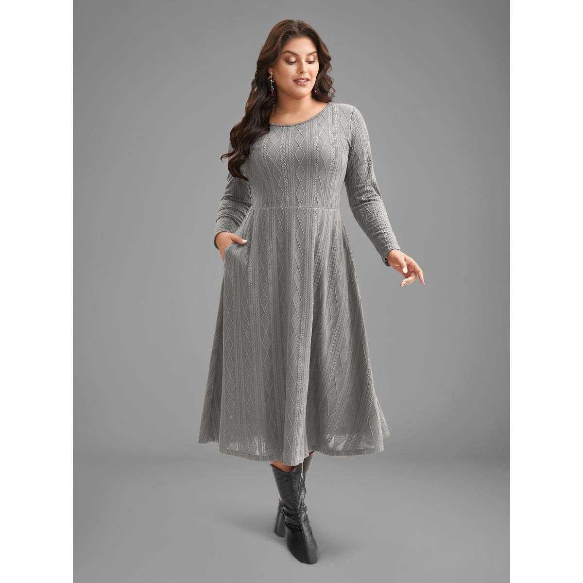 Plus Size Textured Knit Fit-And-Flare Midi Dress Mediumgray Women Casual Texture Round Neck Long Sleeve Curvy BloomChic 10/M Product Image