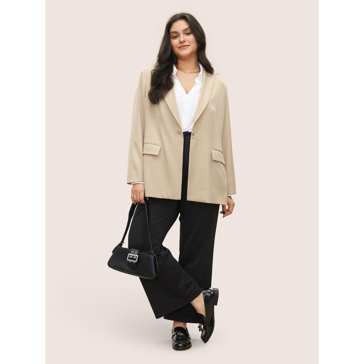 Plus Size Suit Collar Flap Detail Blazer Apricot Women Work Plain Non Sleeve Long Sleeve Suit Collar 22-24/3X Open pocket with flap Workwear Essentials Blazers BloomChic Product Image