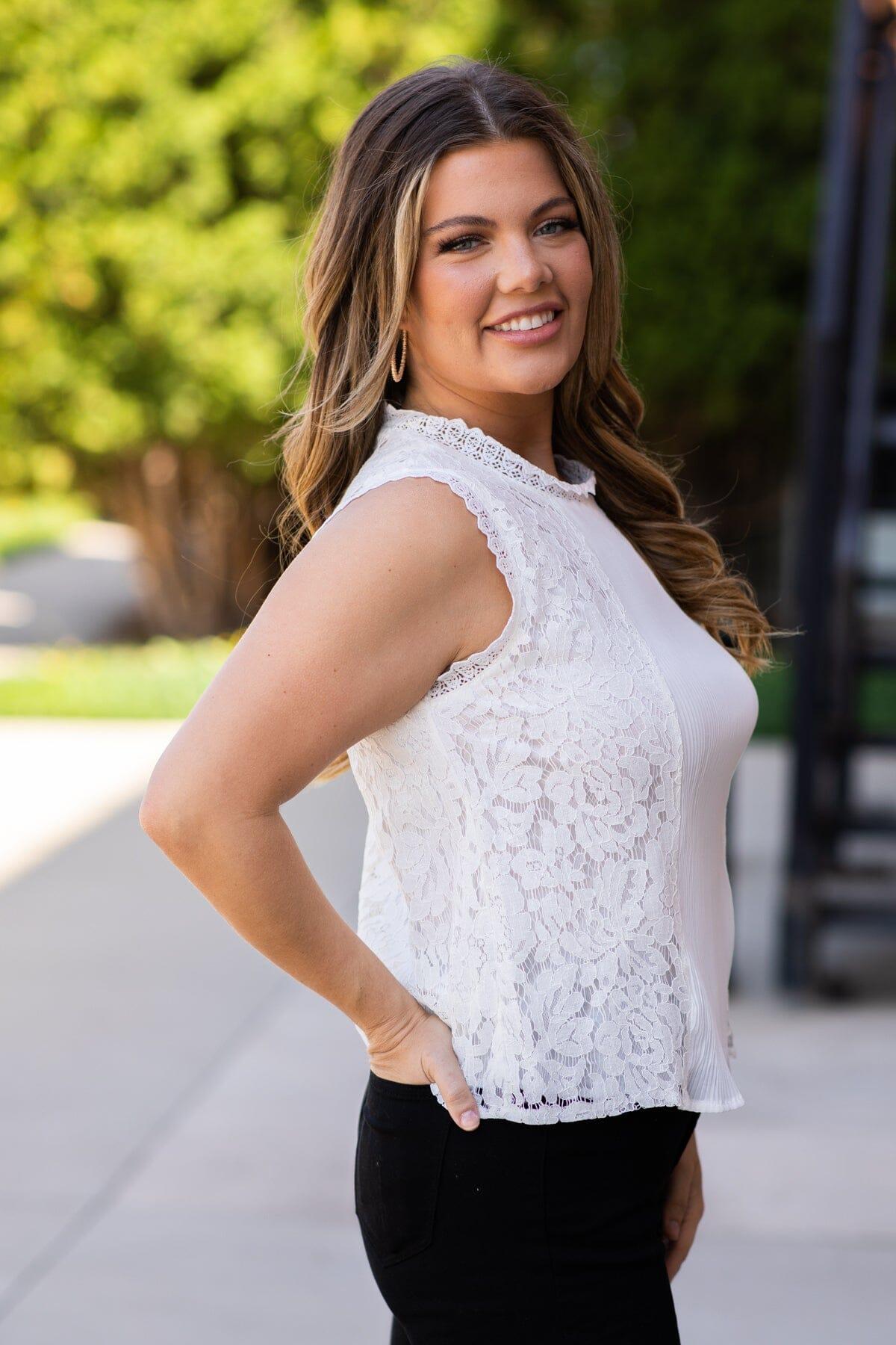 Off White Lace Crystal Pleaf Top Product Image