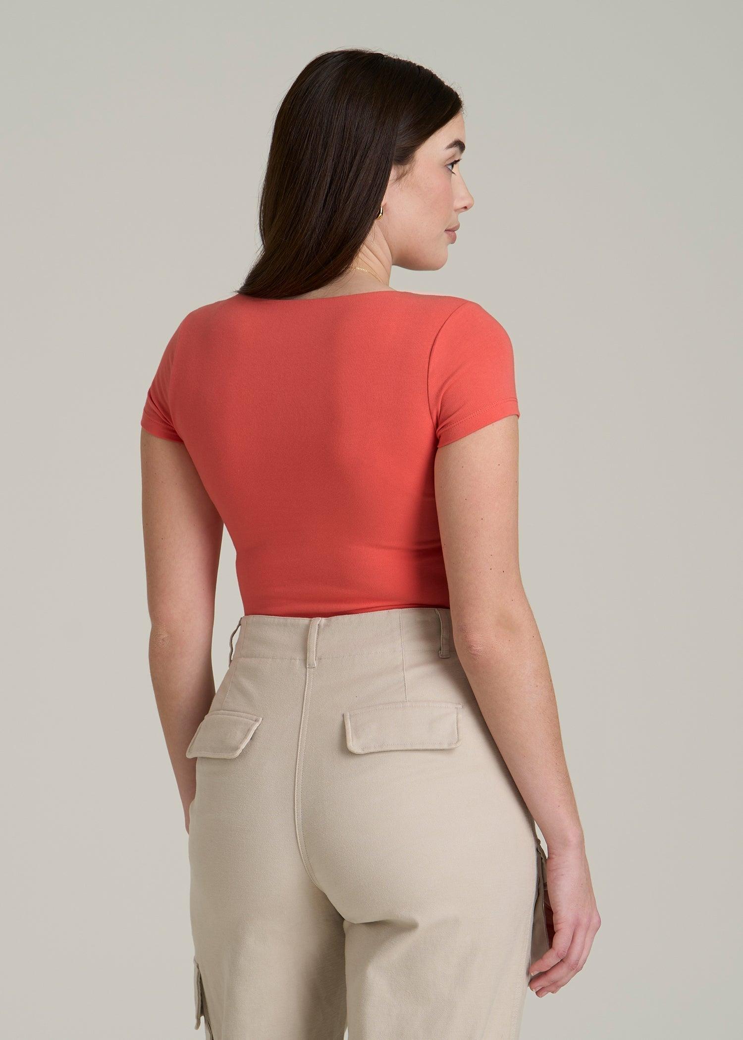 Cotton Blend Short Sleeve Square Neck Bodysuit for Tall Women in Sunset Coral Female Product Image