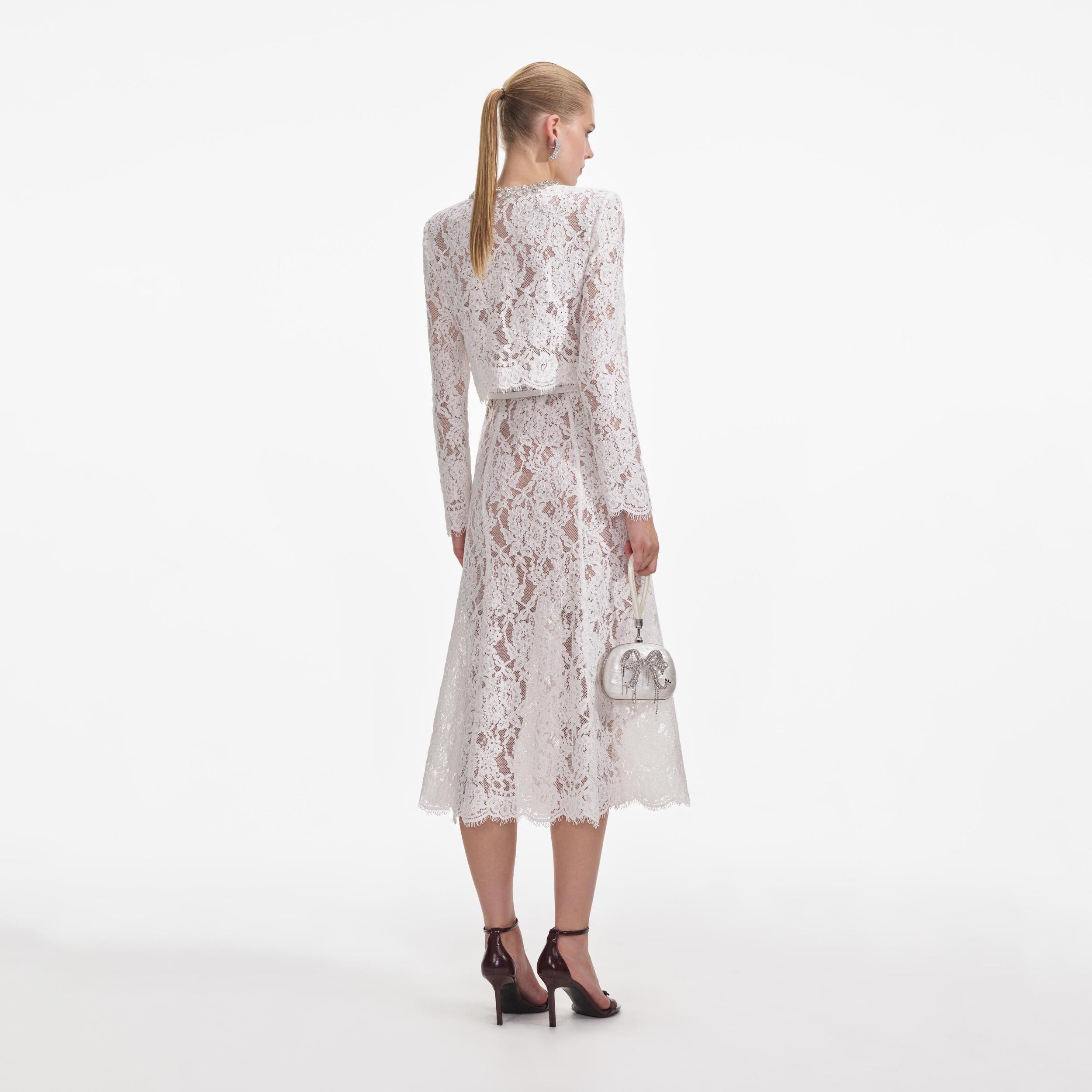 White Lace Embellished Midi Dress Product Image