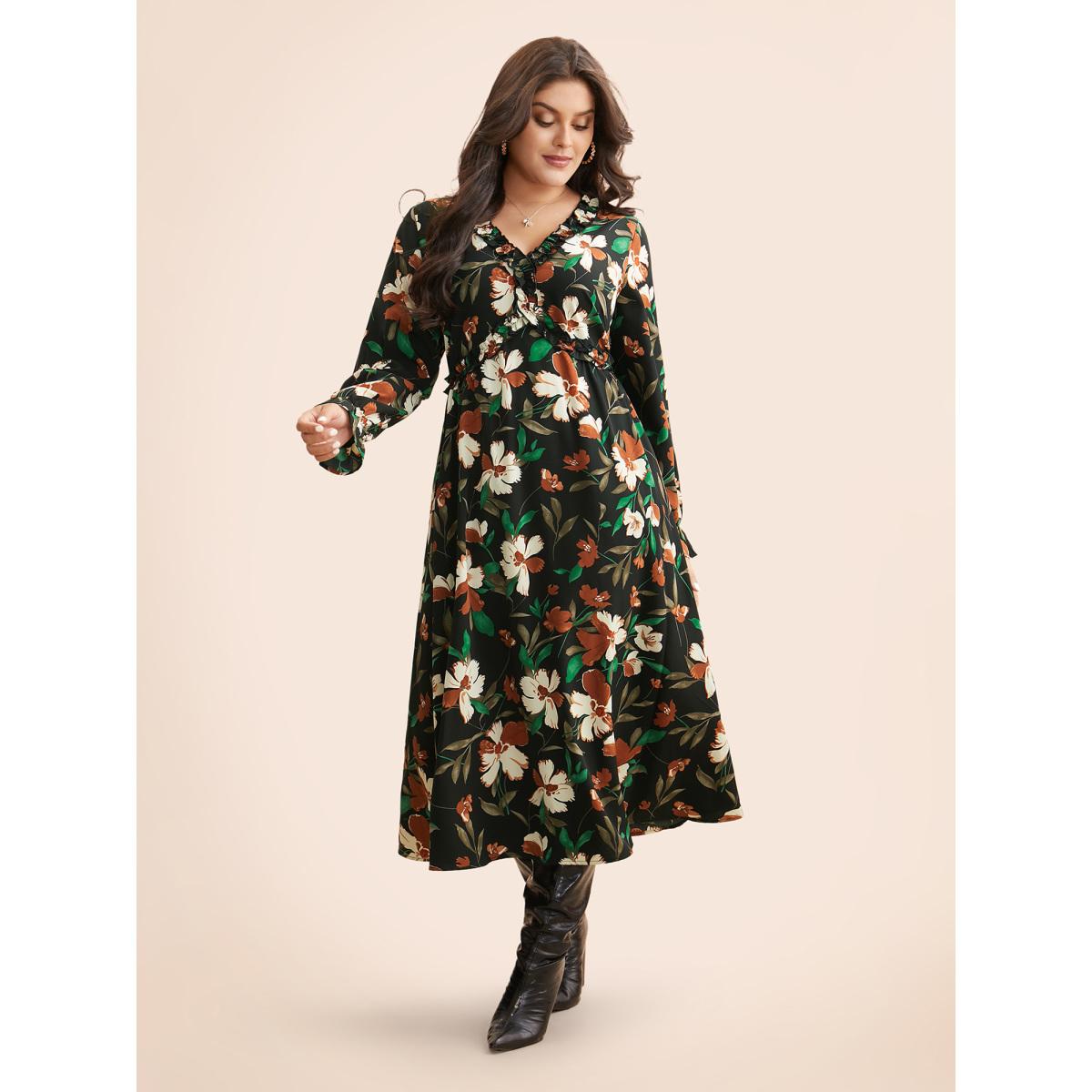Plus Size Floral Elastic Waist Frill Trim Midi Dress BlackFlower Women Elegant Frill Trim V-neck Long Sleeve Curvy BloomChic 10/M Product Image