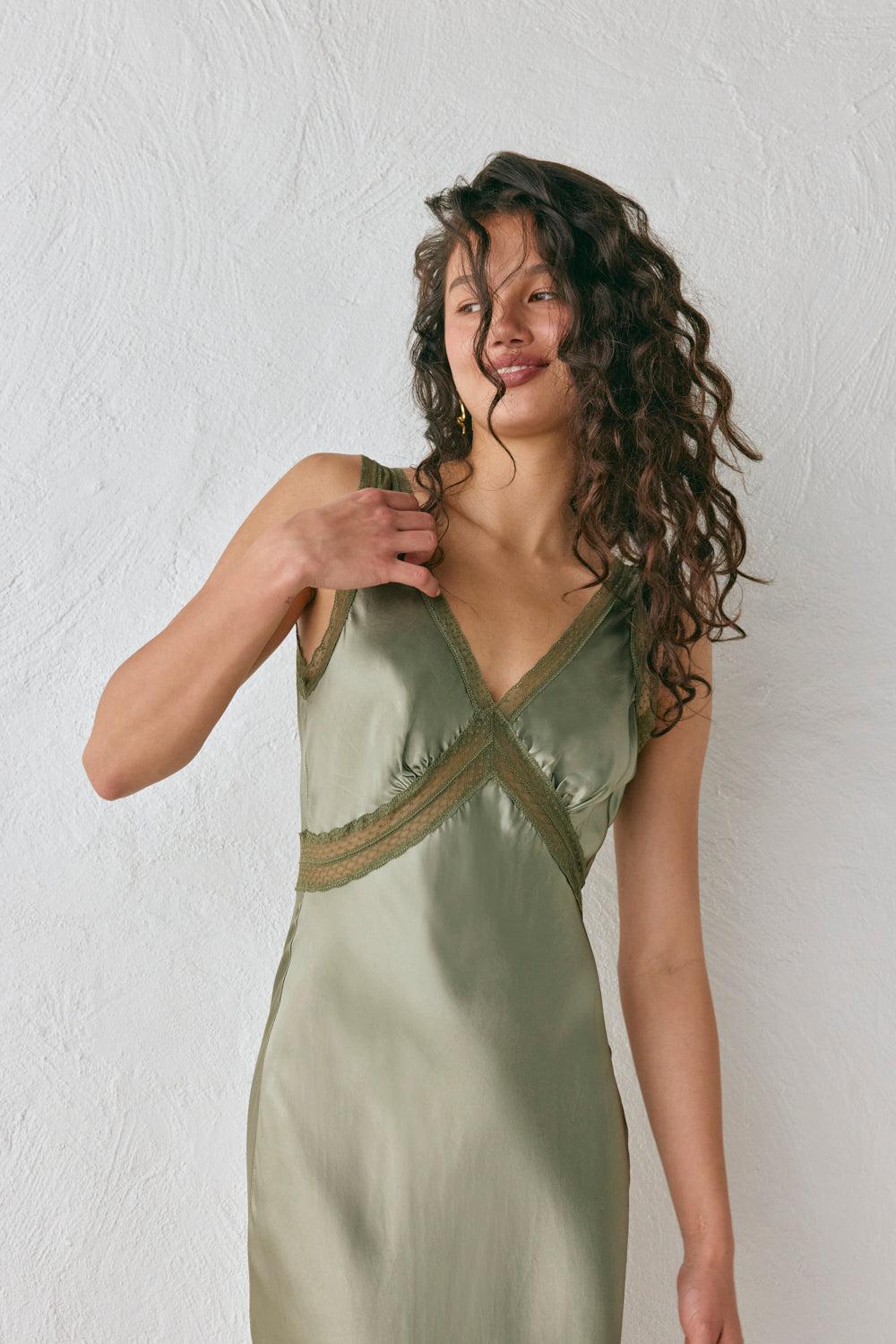 Meet Me On The Dance Floor Bias Cut Maxi Dress Olive Product Image
