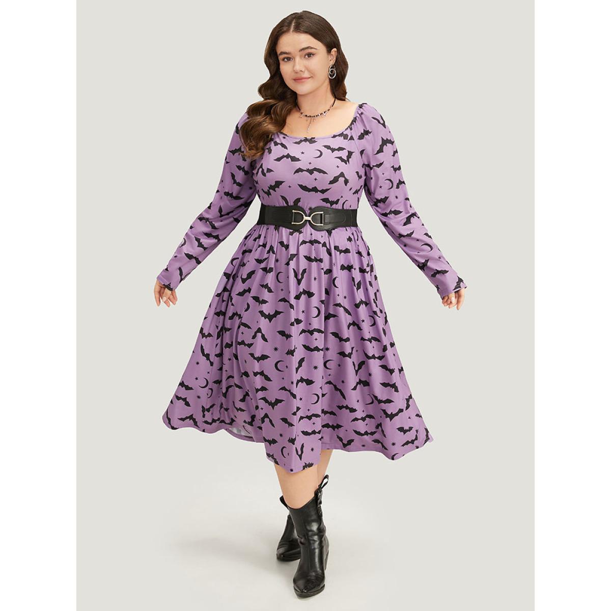 Plus Size Halloween Bat Print Pocket Square Neck Dress Mauve Women Casual Gathered Square Neck Long Sleeve Curvy Midi Dress BloomChic 26/4X Product Image