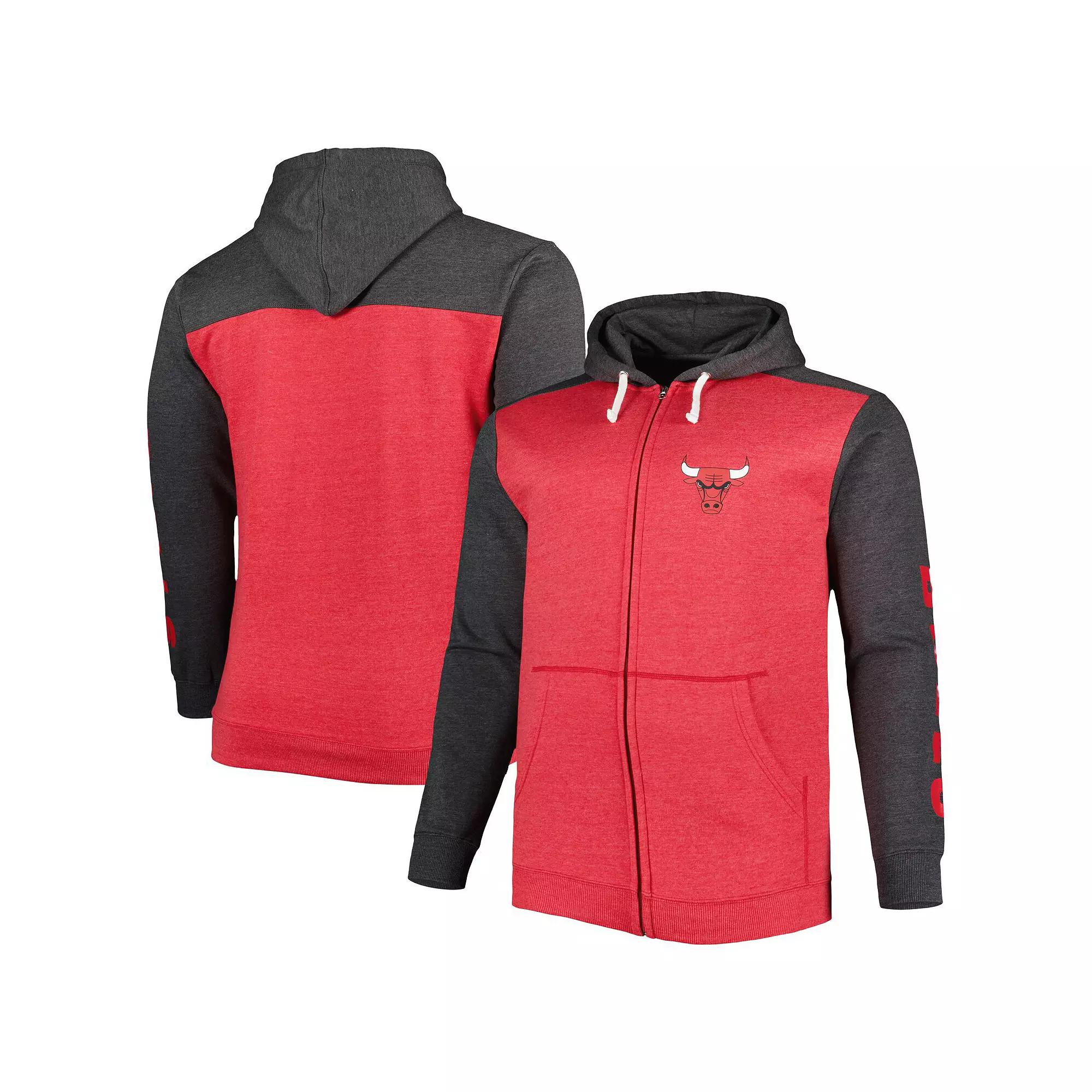 Men's Fanatics Branded Heathered Red/Heathered Black Chicago Bulls Big & Tall Down and Distance Full-Zip Hoodie, Size: 2XB Product Image