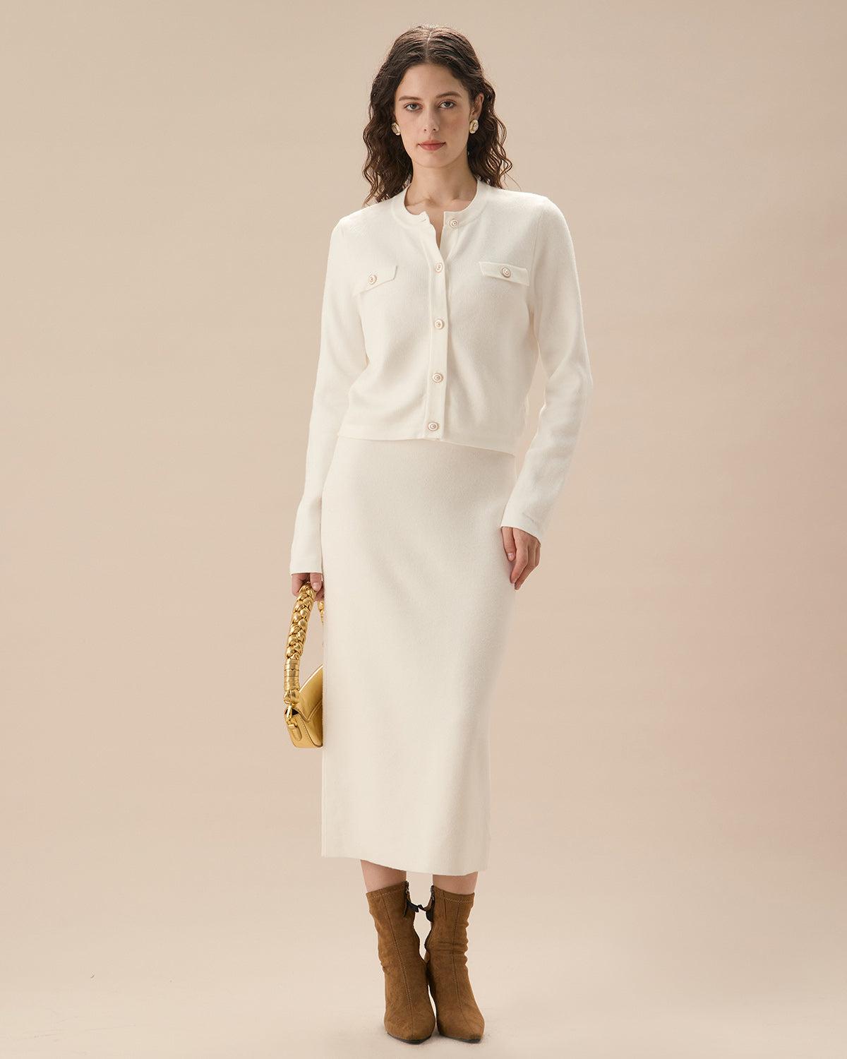 White Single Breasted Knit Cardigan Product Image