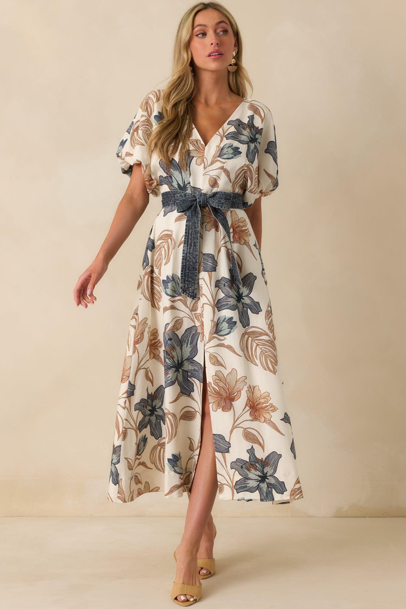Aylaya Ivory Multi Floral Print Linen Blend Sorrento Maxi Dress Product Image