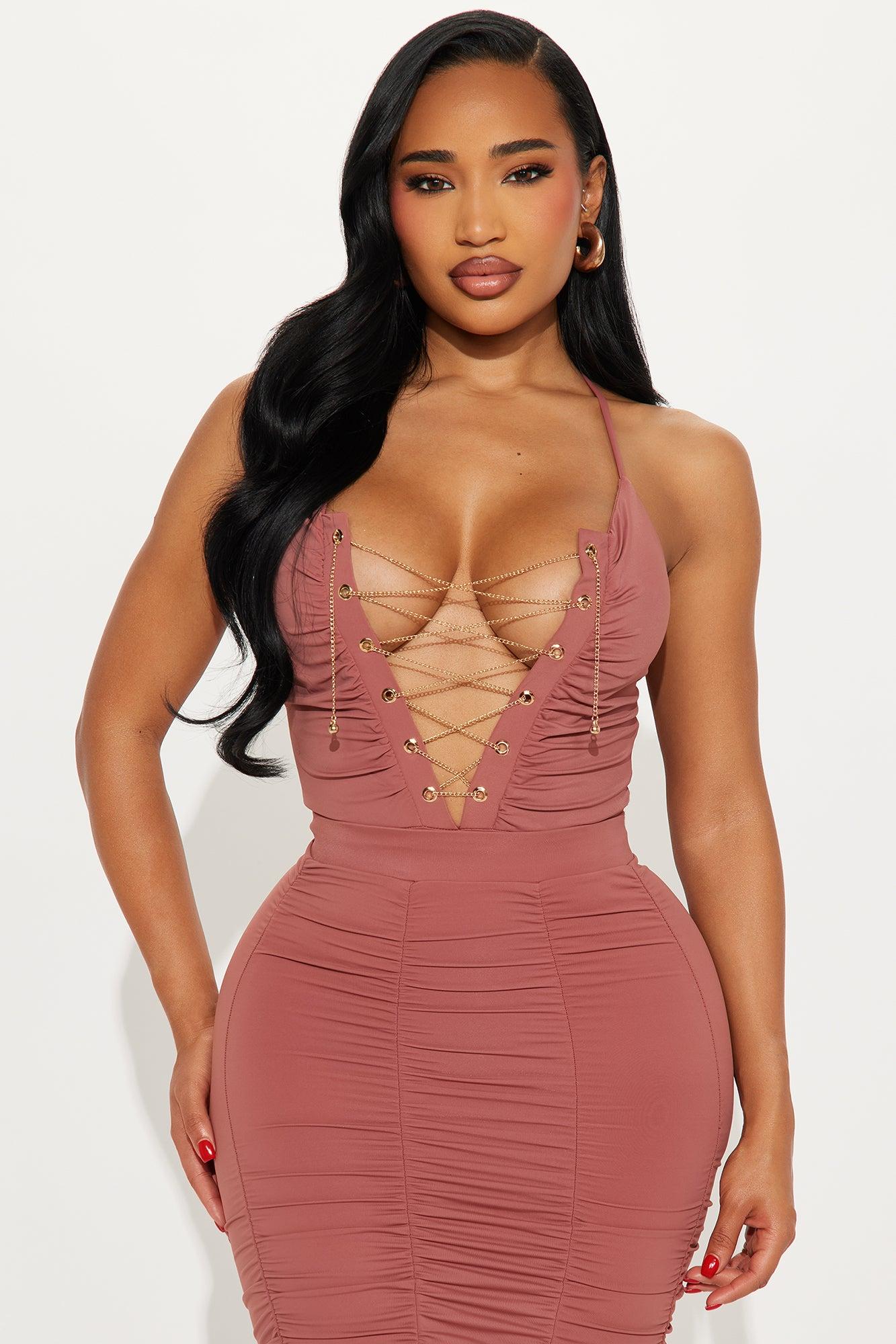 City Glow Ruched Bodysuit Maxi Skirt Set - Rust Product Image