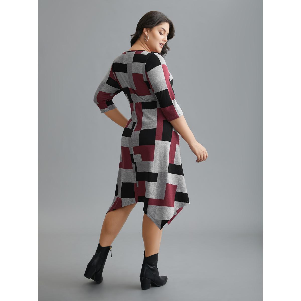 Plus Size Geometric Print Asymmetrical Hem Midi Dress Multicolor Women Casual Contrast Knit Dresses Bloomchic 10/M Product Image