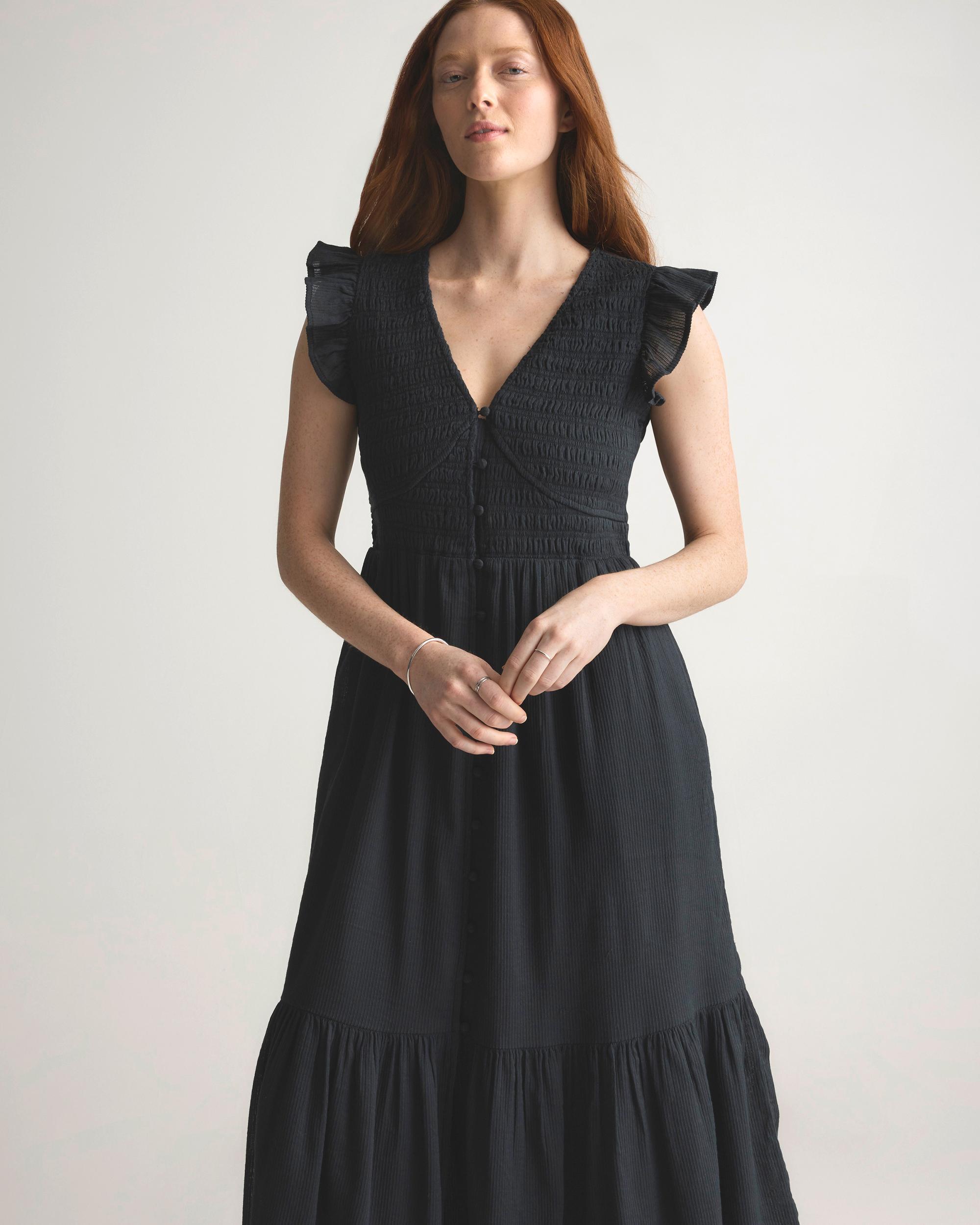 Quince | Women's Organic Textured Cotton Smocked V-Neck Midi Dress Organic Cotton Product Image