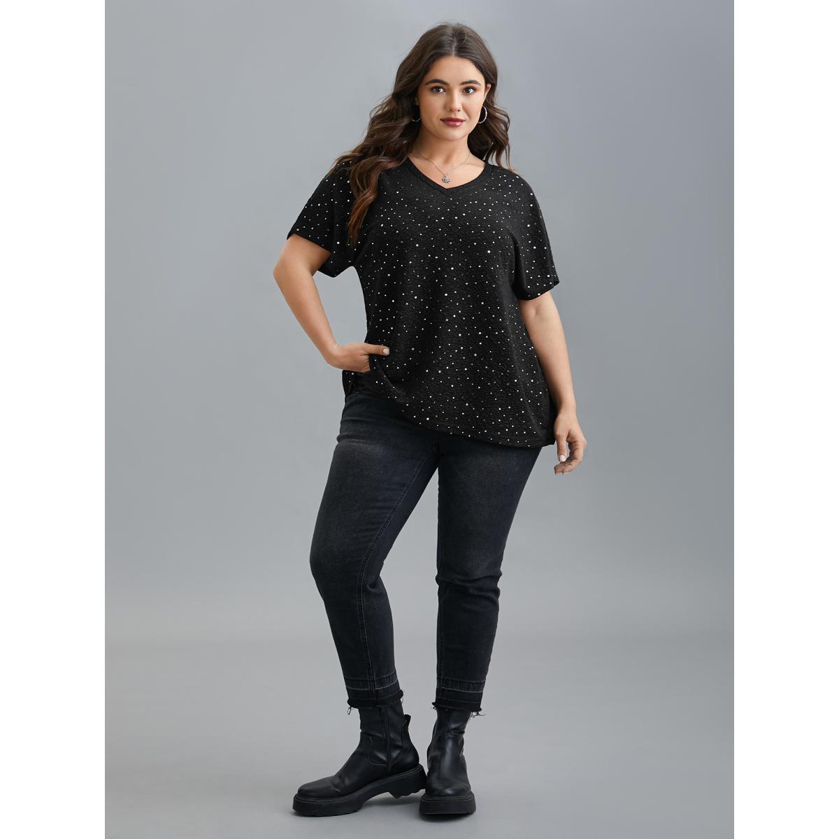 Plus Size V-Neck Sequin Textured T-Shirt Black Women Casual Rhinestone detailing V-neck Everyday T-shirts BloomChic 14-16/1X Product Image