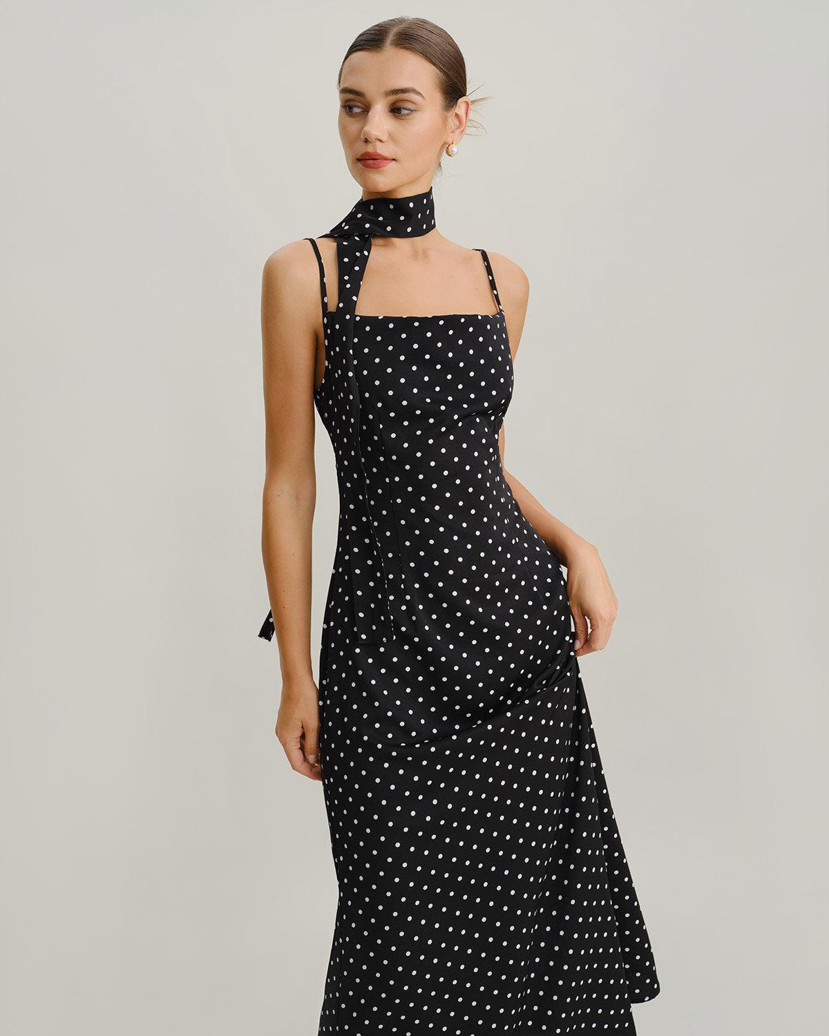 Black Polka Dot Cowl Neck Slip Maxi Dress Product Image