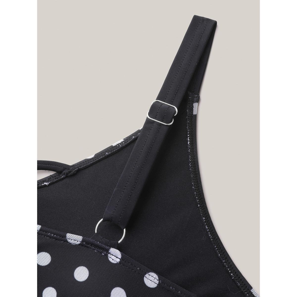 Plus Size Polka Dots Mesh Ruffled Swim Dress Women's Swimwear Black Beach Bodycon Overlap Collar High stretch Curve Swim Dresses BloomChic 12/L Product Image