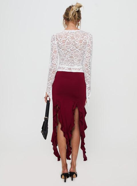 Peachey Asymmetric Ruffle Midi Skirt Burgundy Product Image
