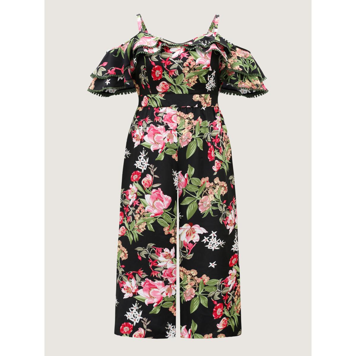 Plus Size Black Floral Print Off-Shoulder Wide-Leg Jumpsuit Women Short sleeve One-shoulder neck Elegant Loose Jumpsuits BloomChic 30/6X Product Image