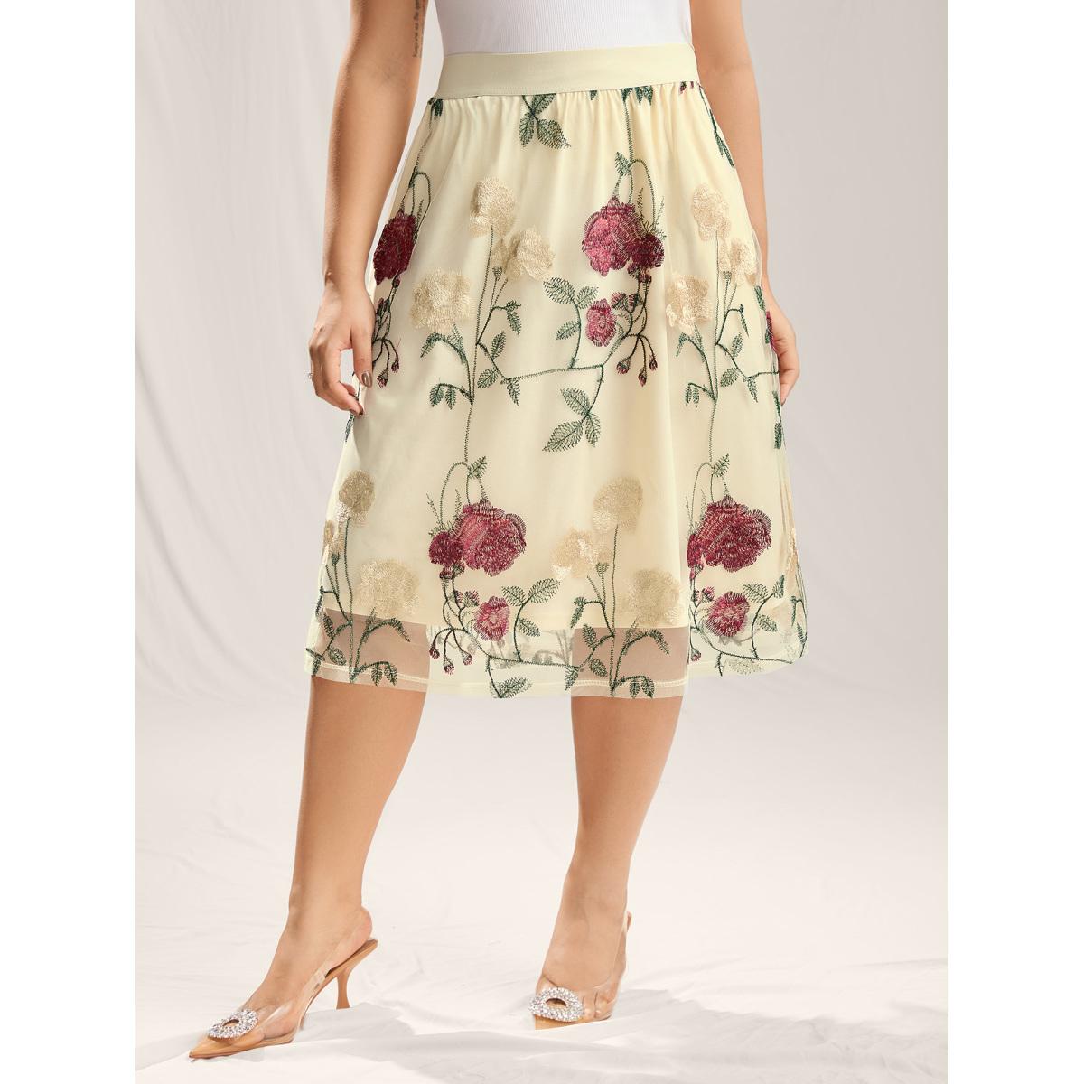 Plus Size Roses Forever Pleated Lined Midi Skirt Women Beige Elegant Gathered Bodycon Low stretch Slanted pocket Everyday-Elegant Skirts BloomChic 10/M Product Image