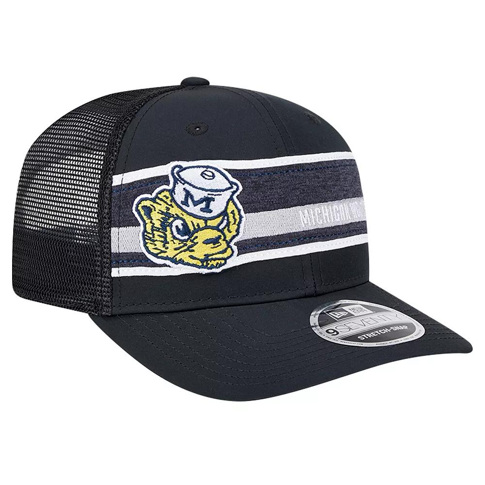 Men's New Era Black/Navy Michigan Wolverines Striped 9SEVENTY Trucker Stretch-Snap Adjustable Hat Product Image
