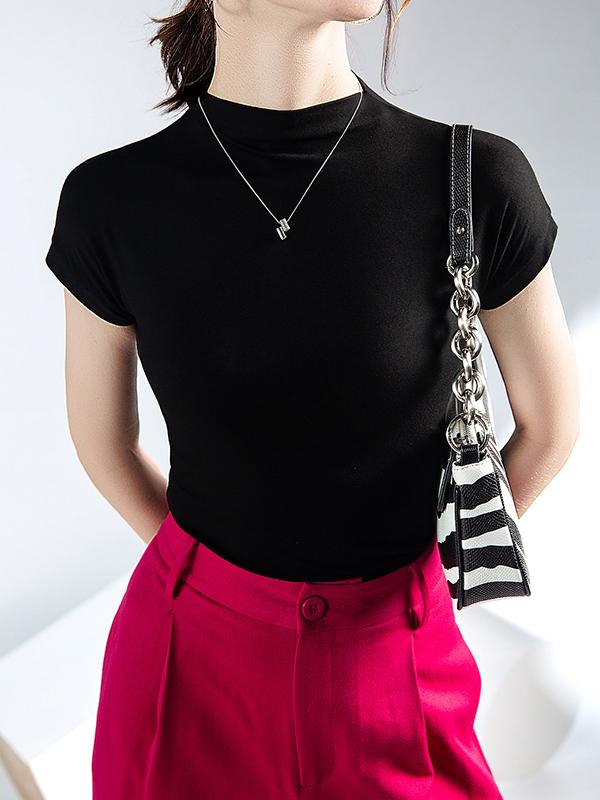 Short Sleeves Skinny Solid Color Mock Neck T-Shirts Tops Product Image